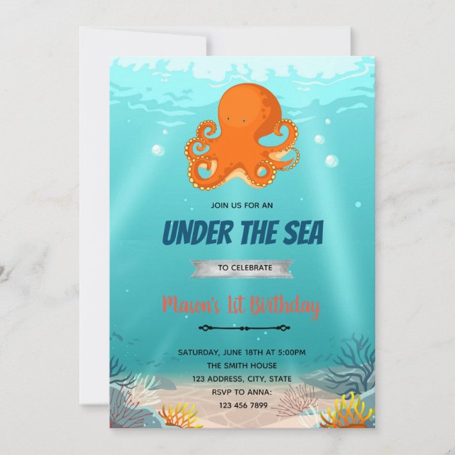 Octopus under the sea birthday invitation (Front)