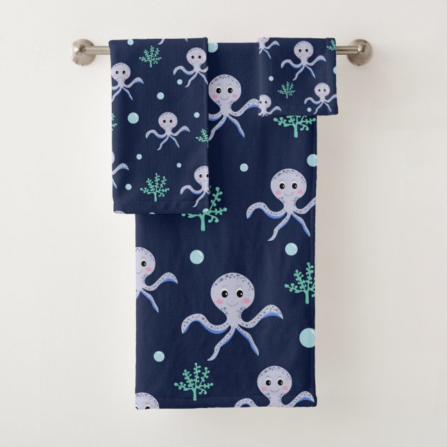 Octopus under the sea kids pattern bath towel set (Insitu)