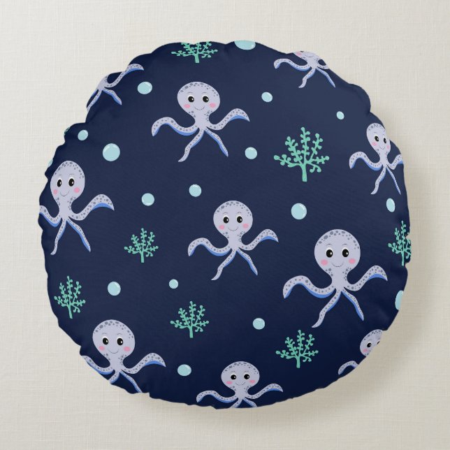 Octopus under the sea kids pattern round cushion (Front)