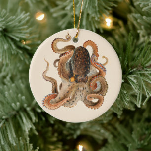 Octopus Vulgaris, Vintage Marine Life Animals Ceramic Tree Decoration