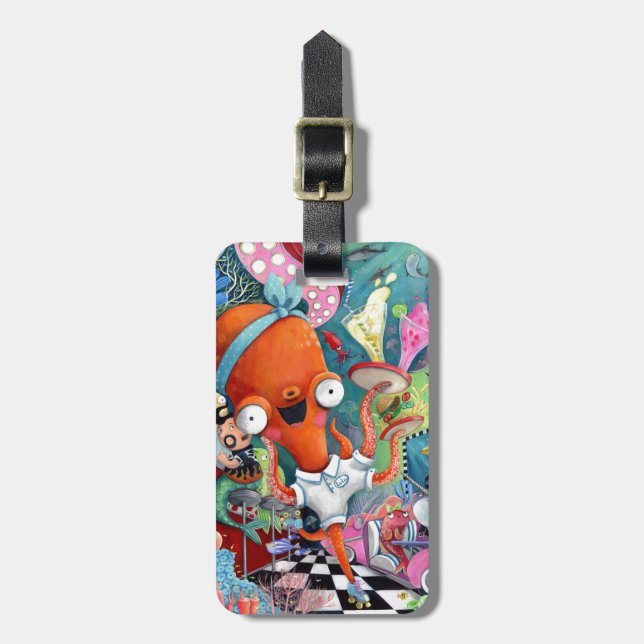 Octopus Waitress in Underwater Road Bar Luggage Tag (Front Vertical)