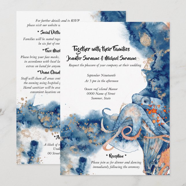 Octopus watercolor beach wedding coastal sea life invitation (Front/Back)