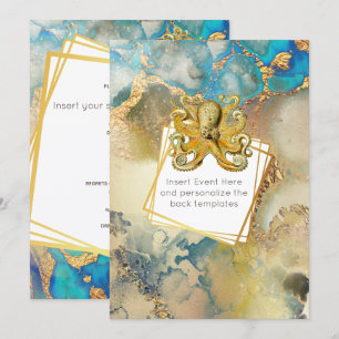 Octopus watercolor gold blue brown nautical invitation