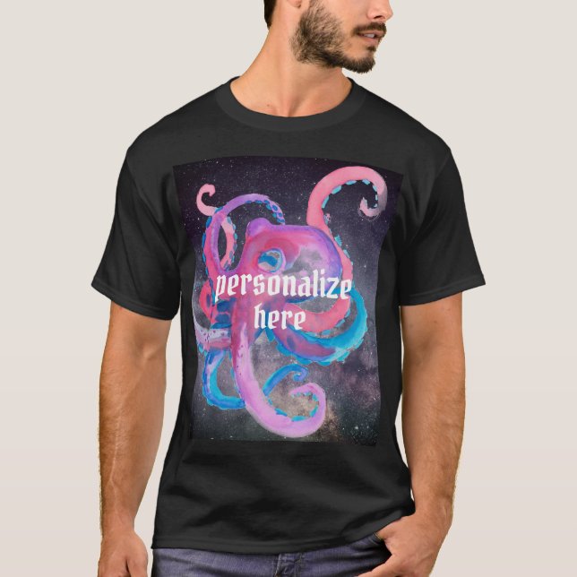 octopus watercolor space ocean pink blue T-Shirt (Front)