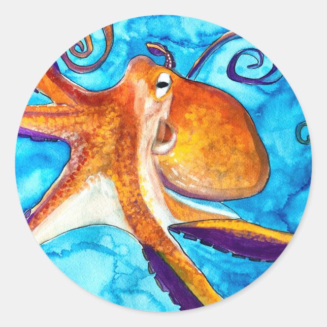 Octopus watercolor under the sea art classic round sticker (Front)