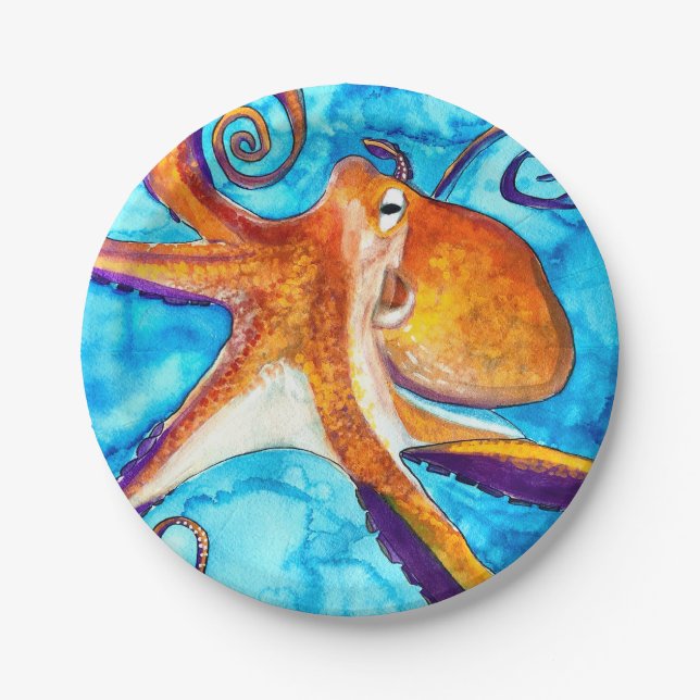 Octopus watercolor under the sea art paper plate (Front)