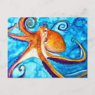 Octopus watercolor under the sea art postcard