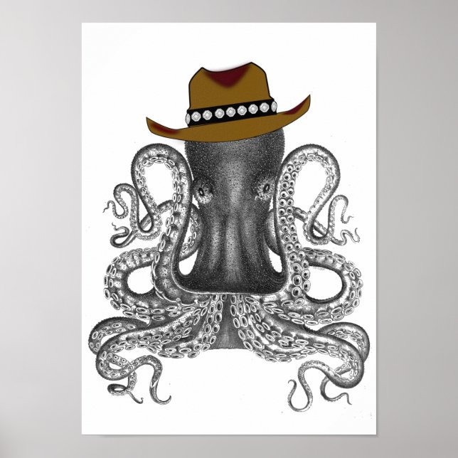Octopus Wearing Stetson Hat, Vintage, Cowboy Hat Poster (Front)