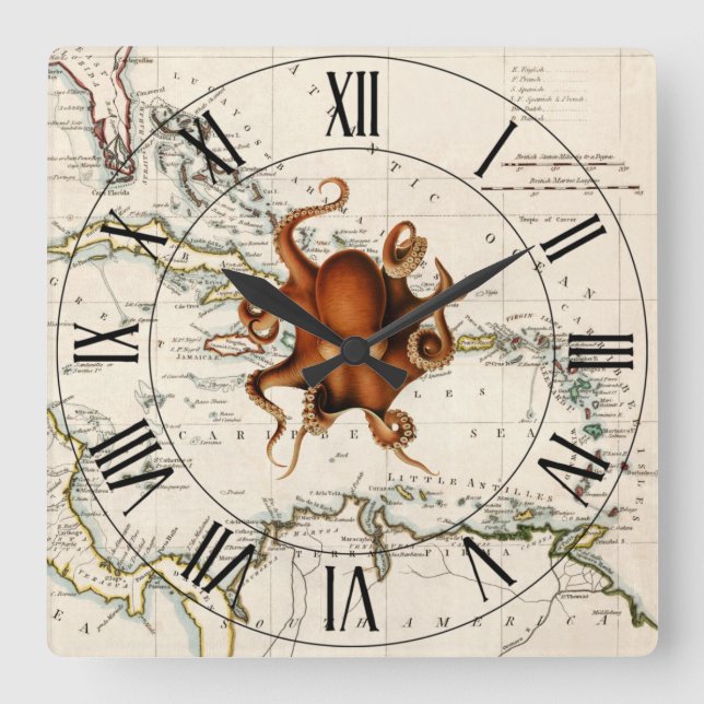 Octopus~West Indies~Caribbean 1785 Nautical Map ~ Square Wall Clock (Front)