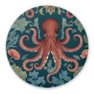 Octopus William Morris style Sea Ocean Marine Ceramic Knob