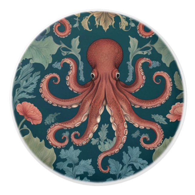 Octopus William Morris style Sea Ocean Marine Ceramic Knob (Front)