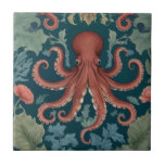 Octopus William Morris style Sea Ocean Marine Tile<br><div class="desc">"classy classic art nouveau",  "green underwater octopus tentacles",  "hawaiian ocean marine animals",  "william morris ceramic tile",  "blue aquatic water life",  "seaside dark navy red",  "vintage rust brown life",  "nautical wildlife wild animal",  "hawaii floral flower botanical",  "traditional beach coast antique"</div>
