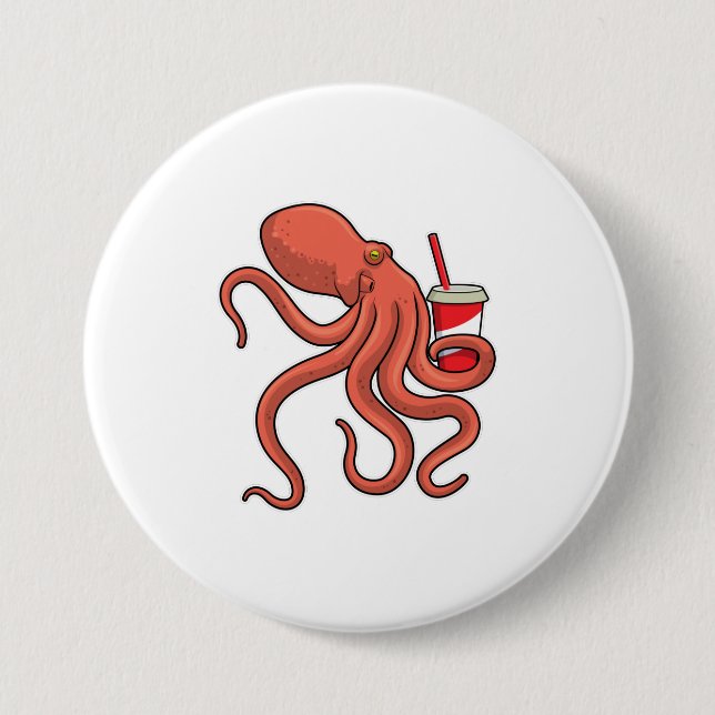 Octopus with Drink 7.5 Cm Round Badge (Front)