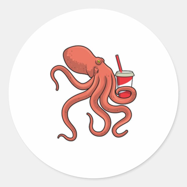 Octopus with Drink Classic Round Sticker (Front)