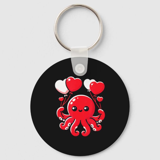 Octopus With Heart Balloons Adorable Valentines Da Key Ring (Front)