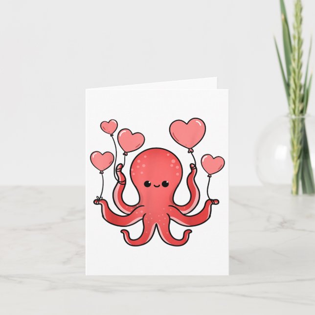 Octopus With Heart Balloons Valentines Day Octopus Card (Front)