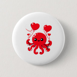 Octopus With Heart Lloons Adorable Valentines Day  6 Cm Round Badge