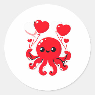 Octopus With Heart Lloons Adorable Valentines Day  Classic Round Sticker