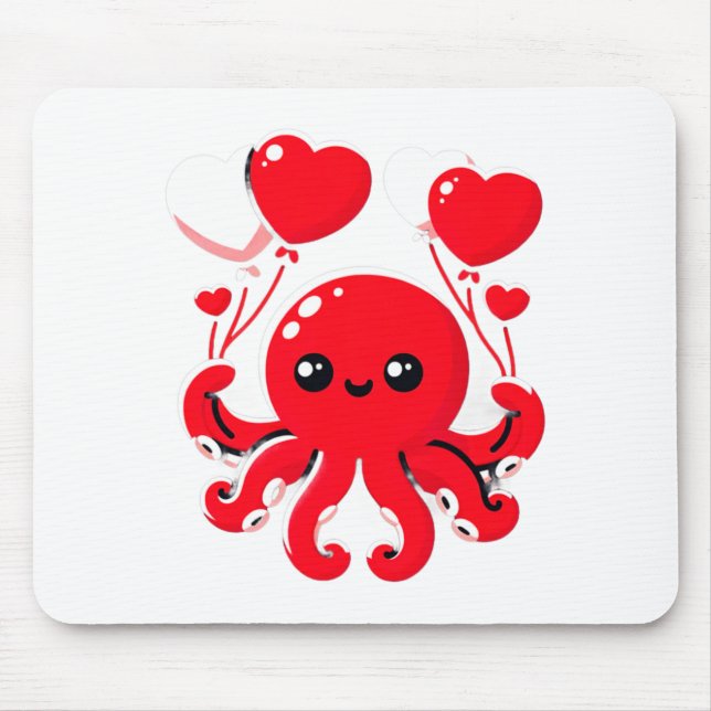 Octopus With Heart Lloons Adorable Valentines Day  Mouse Mat (Front)