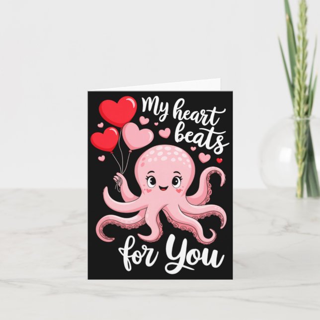 Octopus With Heart Lloons My Heart Beats For You V Card (Front)