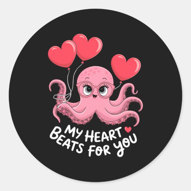 Octopus With Heart Lloons My Heart Beats For You V Classic Round Sticker (Front)