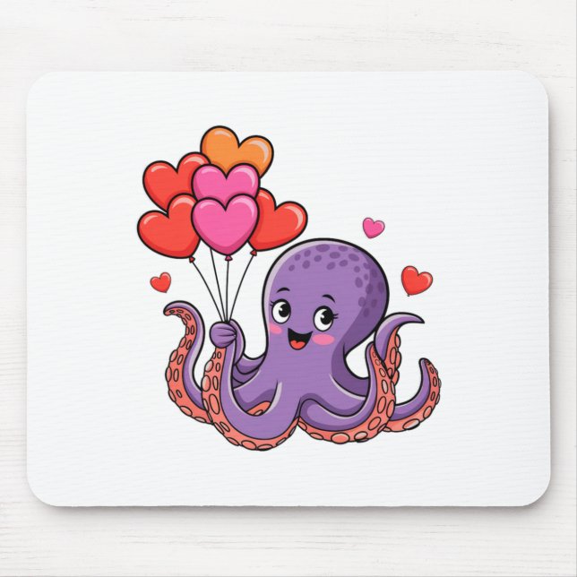 Octopus With Heart Lloons Valentine Day  Mouse Mat (Front)