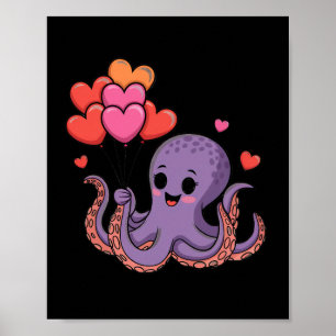 Octopus With Heart Lloons Valentine Day  Poster
