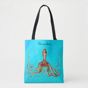 Octopus with Long Tentacles on Blue Background Tote Bag