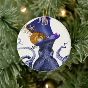 Octopus with Nautical Hat Ceramic Tree Decoration