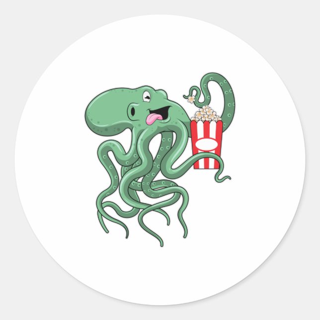 Octopus with Popcorn Classic Round Sticker (Front)