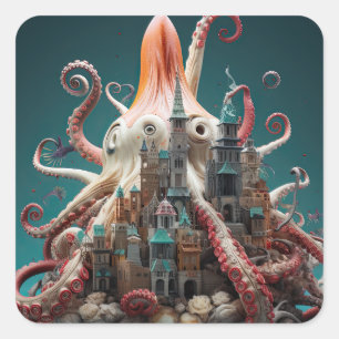 Octopus World Underwater Fantasy Ocean Abstract Square Sticker
