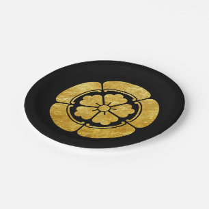 Oda Mon Japanese samurai clan faux gold on black Paper Plate