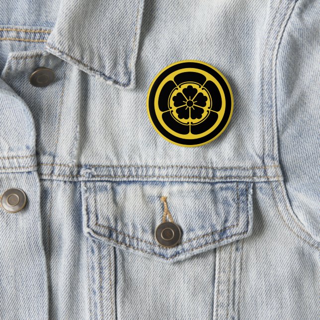 Oda Mon Japanese samurai clan yellow on black 6 Cm Round Badge (In Situ)