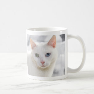 odd-eyed white cat close up face coffee mug
