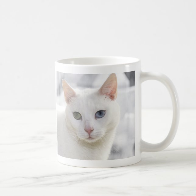 odd-eyed white cat close up face coffee mug (Right)