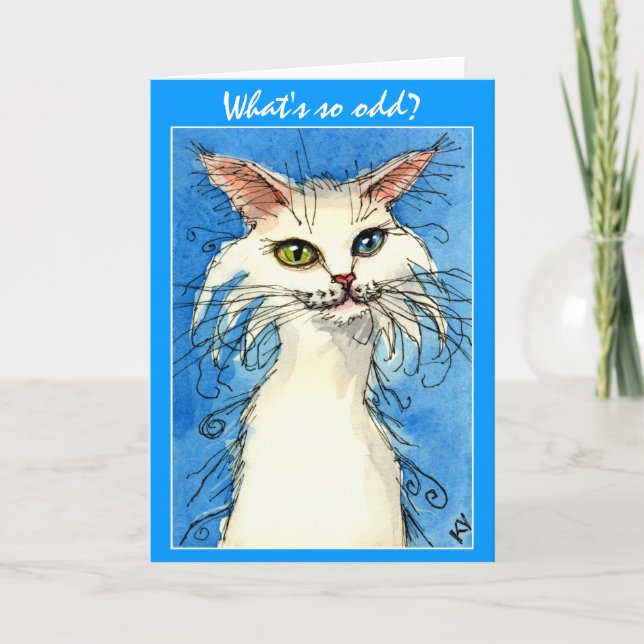 Odd-eyed white cat on blue greeting card (Front)