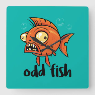 Odd Fish Quirky Funny Orange Goldfish Cartoon Square Wall Clock