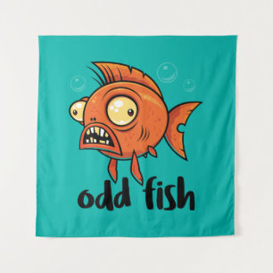 Odd Fish Quirky Funny Orange Goldfish Cartoon Tapestry