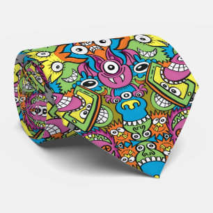 Odd smiling critters in a whimsical pattern design tie