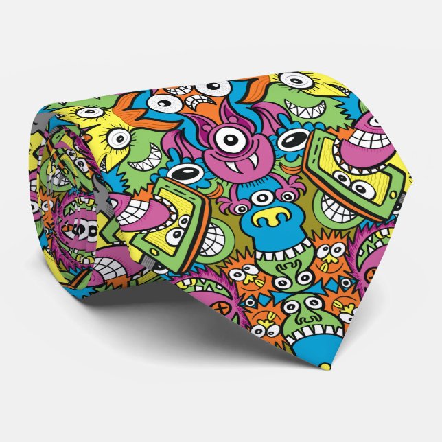 Odd smiling critters in a whimsical pattern design tie (Rolled)