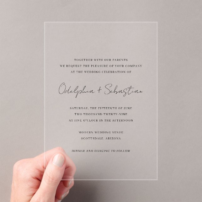 Odelphia Modern Script Minimal Elegant Wedding Acrylic Invitations (Insitu (Handheld))