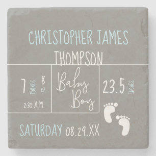 odern Blue Grey Baby Boy photo Birth Announcement Stone Coaster