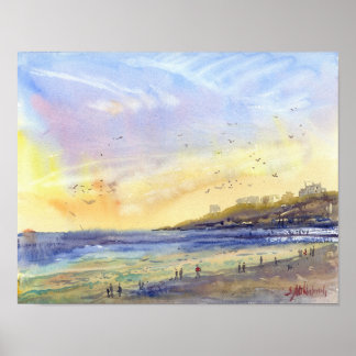 Odesa Winter Shore and Seagulls Watercolor Poster