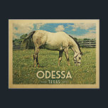 Odessa Texas Horse Farm - Vintage Travel Postcard<br><div class="desc">Odessa Texas rural vintage travel postcard.  It features a white horse grazing on green grass with fence and blue clouds sky above. A fun country farm image with rustic charm.</div>