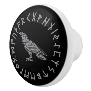 Odin Raven Crow Viking Mythology runes runic Ceramic Knob