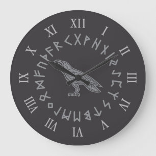 Odin Raven Crow Viking Mythology runes runic Large Clock