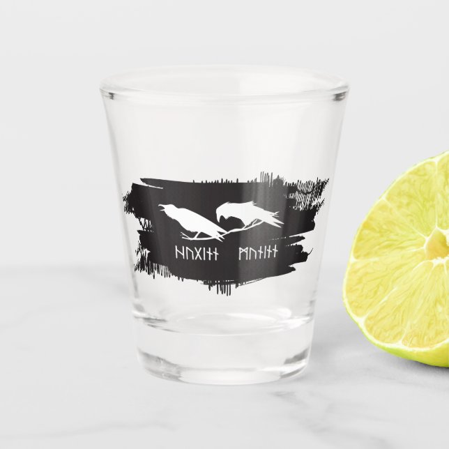 Odin Raven Crow Viking Mythology runes runic Shot Glass (Front)