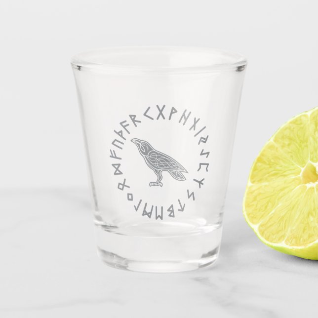 Odin Raven Crow Viking Mythology runes runic Shot Glass (Front)