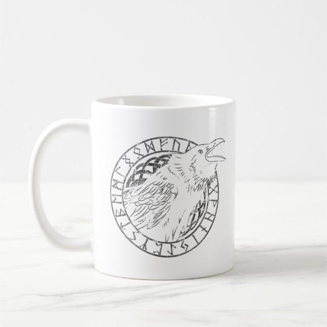 Odin Ravens Huginn Muninn Viking Runic Circle Coffee Mug (Left)