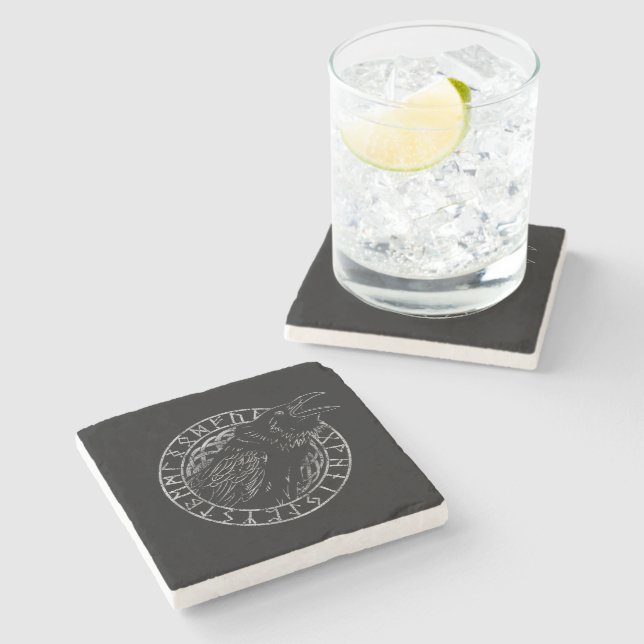 Odin Ravens Huginn Muninn Viking Runic Circle Stone Coaster (Side)
